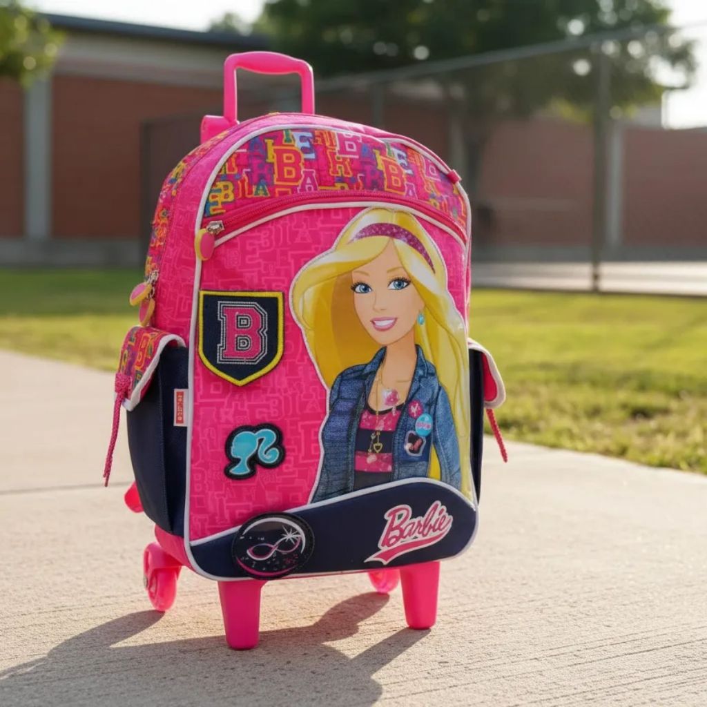 Mochila Infantil Rodinhas Barbie com Adesivos Jeans Sestini
