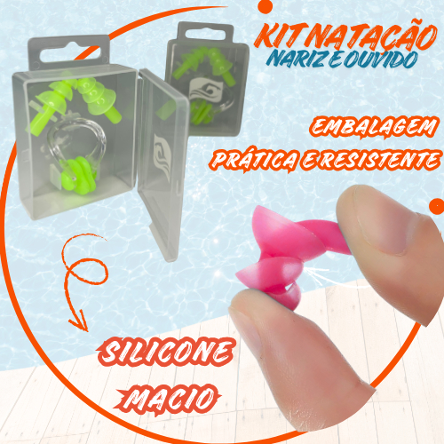 Kit Clip Nariz e Ouvido Proteção Natação Protetor Auricular e Nasal Embalagem Acrílica Azul Verde Rosa Amarelo Preto