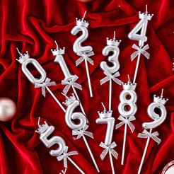 Vela de Aniversario Decorativa Topo de Bolo Coroa e Laço Prata kit 2