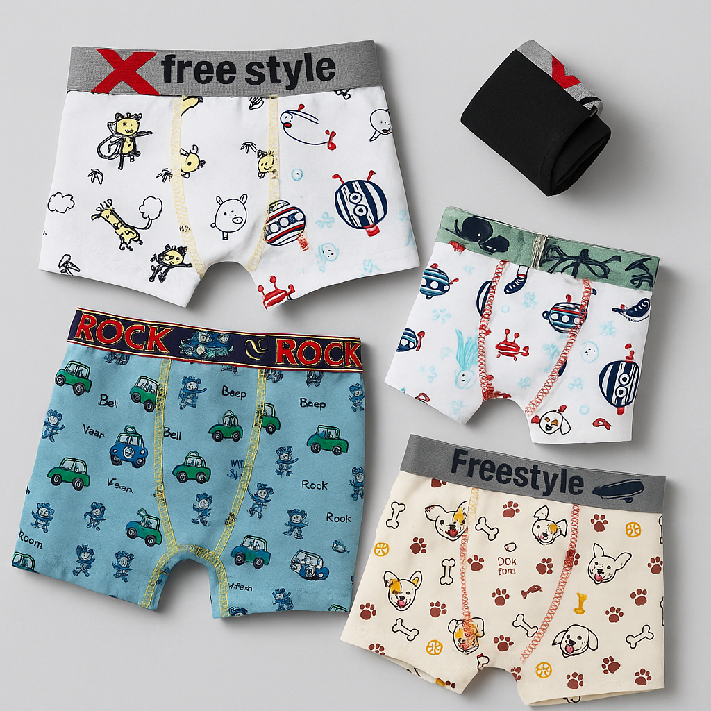 Kit 4 Cuecas Boxer Infantil Meninos 100% Algodão Toque Suave Estampas Divertidas Sortidas