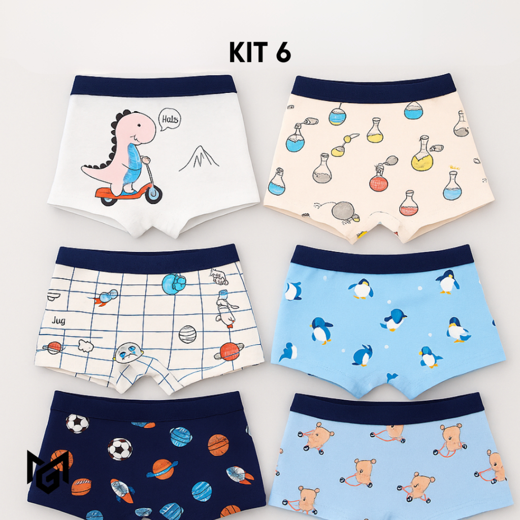 Kit 6 Cuecas Infantis Boxer Shortinho 100% Algodão Toque Macio Ultra Confortável Estampas Sortidas em Oferta na Shopee