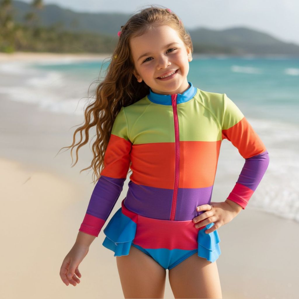 Maiô Infantil Menina Manga Longa Feminino Juvenil Confortável Alta Proteção Colorido Zíper Frontal