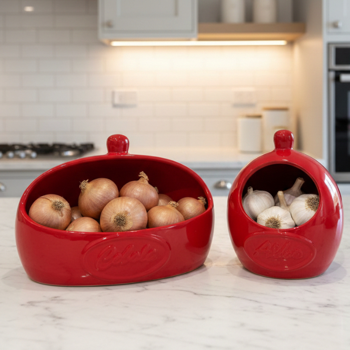 Potes de Alho e Cebola Vermelho em Cerâmica – Organização e Decoração de Cozinha