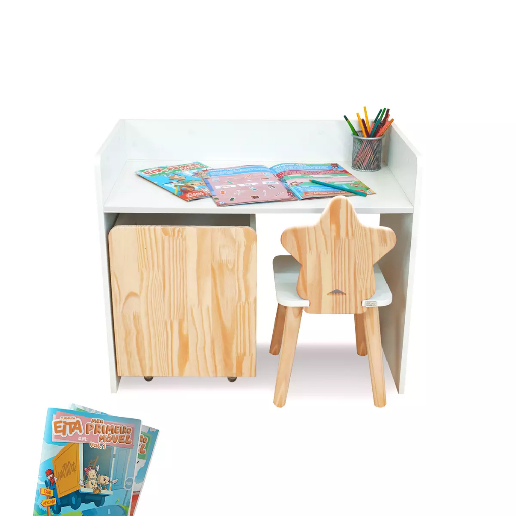 Imagem Escrivaninha Infantil Bancada Organizadora Pequena Madeira Estrela Faz de Conta Kit Livro Educativo