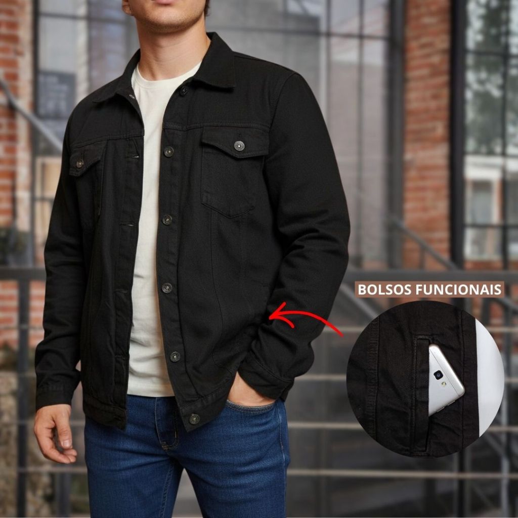 Jaqueta Jeans Preta masculina 100% algodão Uso Diario Casual Moderno Estilo Moda Premium
