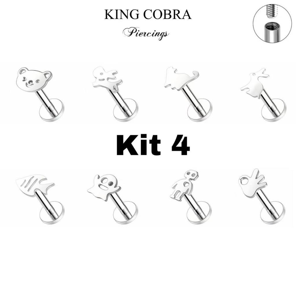 Kit 4 Piercing Labret Hipoalergênico Aço cirugirco Tragus cachorro gato peixe 1.2x8mm KB120