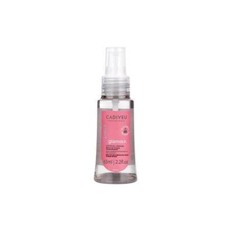Frasco transparente de 65ml do sérum capilar Cadiveu Professional Glamour com tampa spray e rótulo rosa