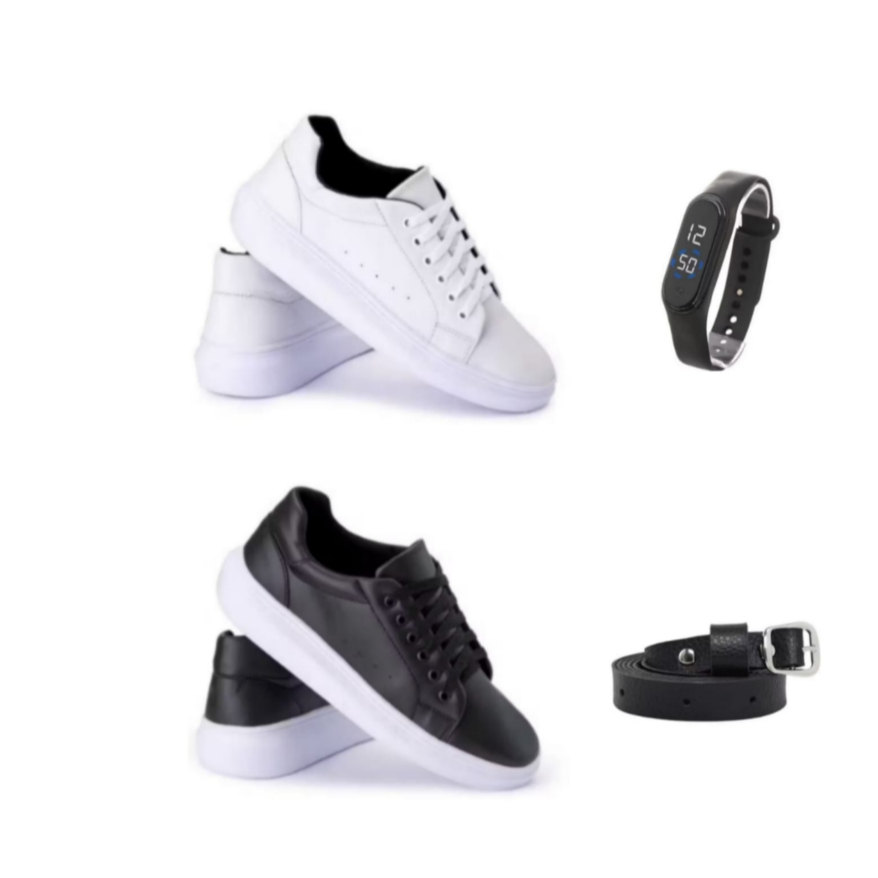 Tênis casual masculino branco+ tênis casual masculino preto sola branca+ cinto+ relógio
