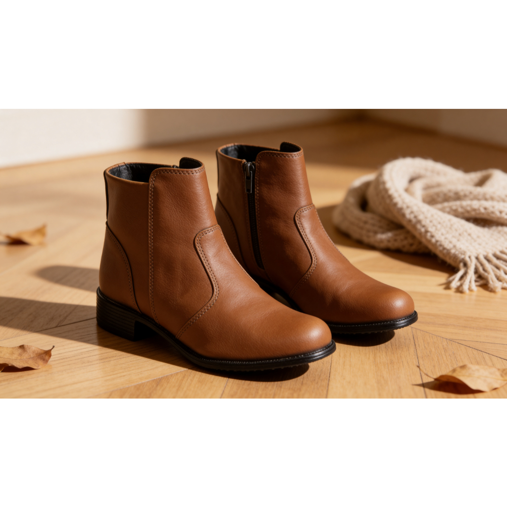 Bota Feminina Couro Caramelo Zíper Lateral Salto Baixo Chelsea Boot Ankle Boot Confortável