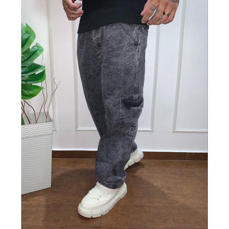 Calça Cargo Jeans Estonada Masculina Streetwear – Bolso Lateral