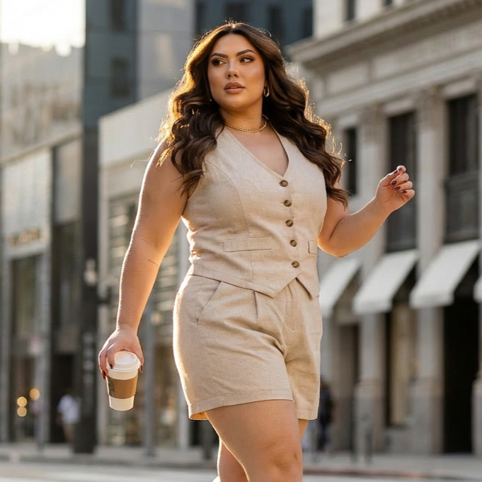 Conjunto Colete e Short | Plus Size Linho Premium | Elegante Casual Luxo Corte Alfaiataria Feminino