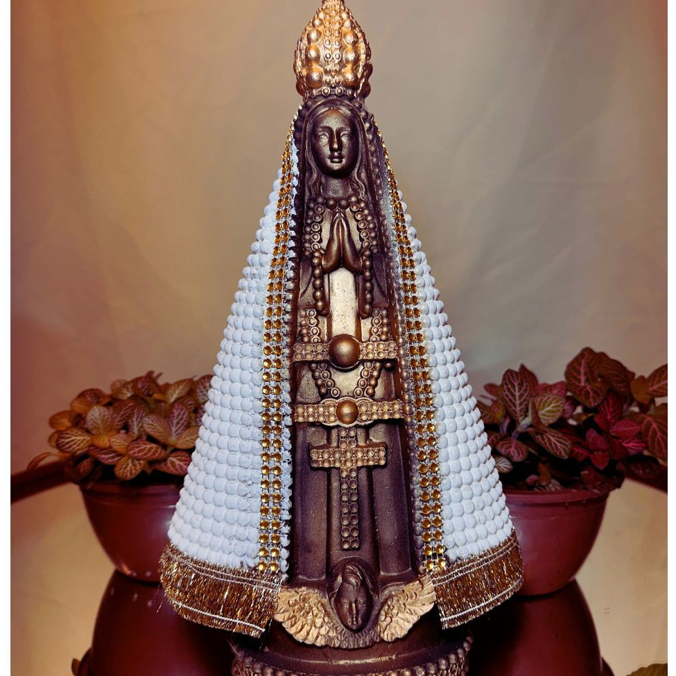 Imagem Nossa Senhora Aparecida 30 e 20 cm Gesso Marrom com Branco Pérola Fake Presente Católico