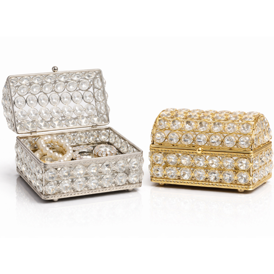 Porta Joias Baú Luxo em Metal com Cristais e Base Espelhada 13cm – Organizador Decorativo Premium em Oferta na Shopee