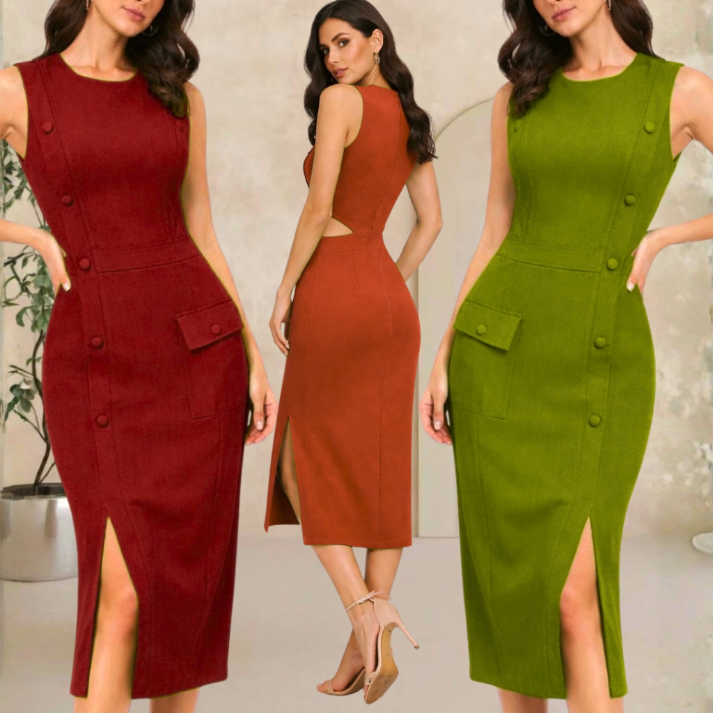 Vestido mídi em alfaiataria casual e elegante com botões decorativos TODO FORRADO em Oferta na Shopee