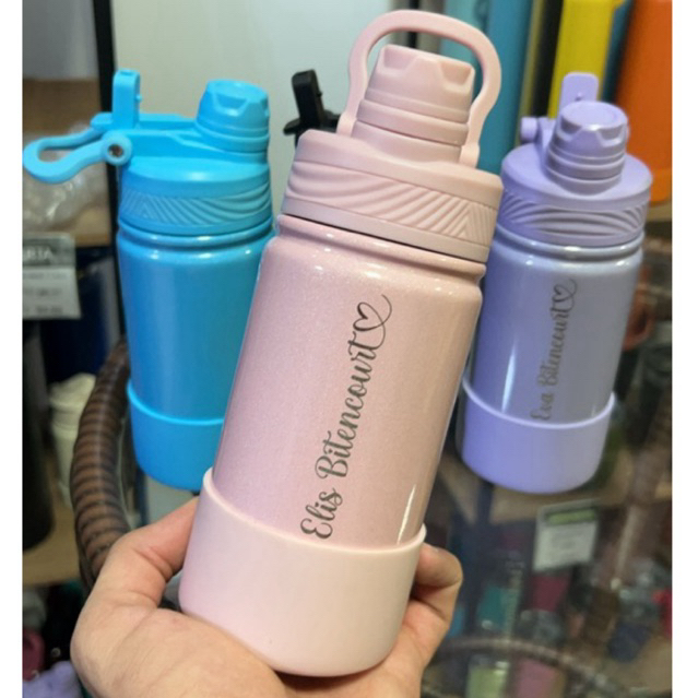 Garrafa termica 350ml Personalizada brilho Canudo e bico alto enroscar em Oferta na Shopee