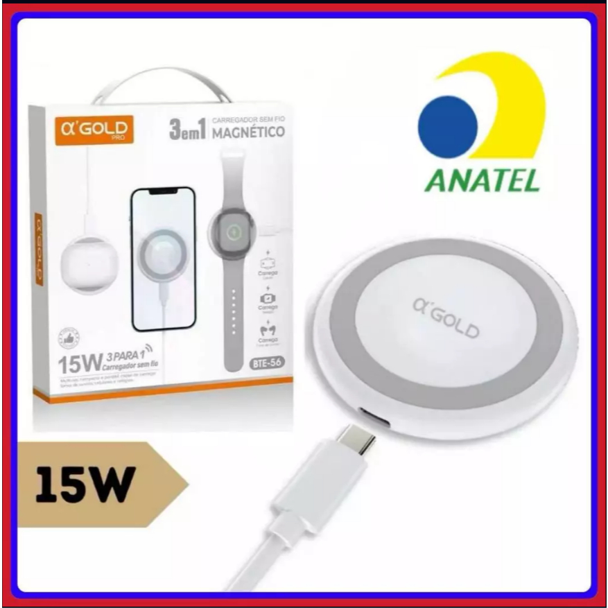 Carregador magsafe magnético 15W original A' gold 3 em 1 para fone de ouvido cel