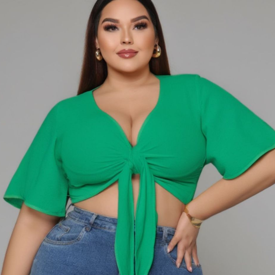 Cropped Feminino Amarrar Plus Size Elegante com Decote Tecido Leve Confortável Colorido Promoção G1 e G2