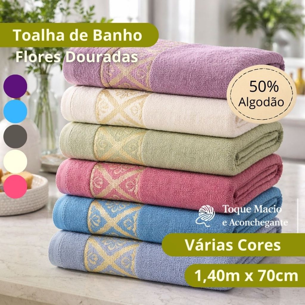 Toalha de Banhao Flores Douradas 1,40m x 70cm 50% Algodão Super Macia Alta Absorção Várias Cores