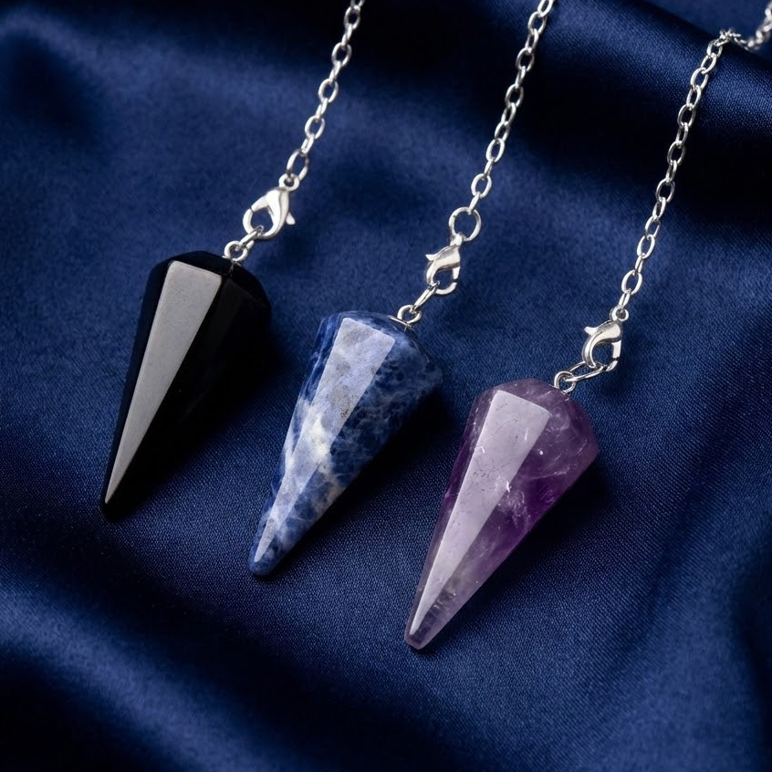 3 Pêndulos Naturais para Radiestesia e Reiki | Obsidiana, Sodalita e Ametista