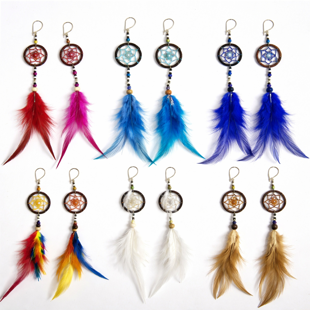 Par de Brincos Filtro dos Sonhos com Penas Coloridas | Artesanal Boho Místico em Oferta na Shopee