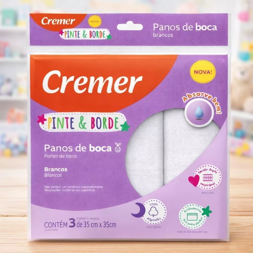 Pano de Boca Pinte e Borde Branco Kit 3 Un 35x35cm Algodão Bebê Infantil