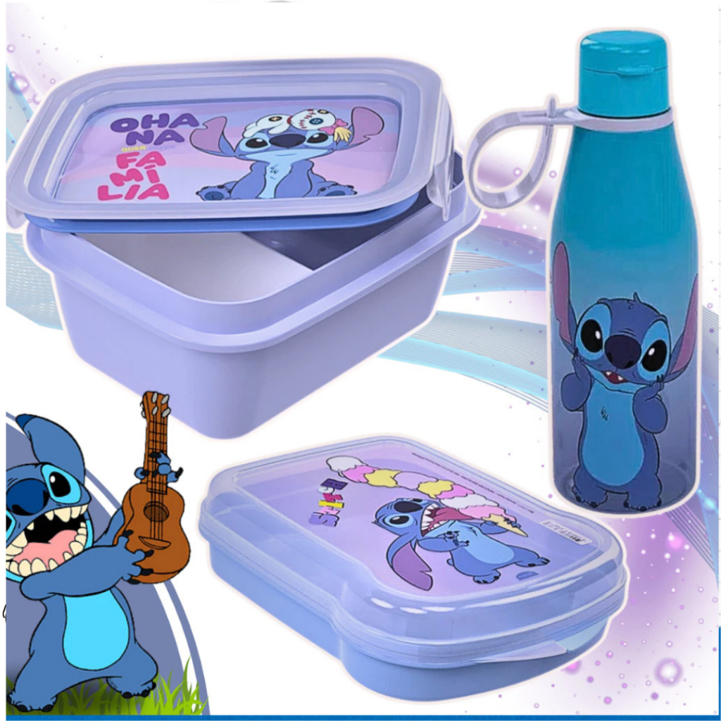 Kit Stitch Lilo 3 peças Disney Marmita Sanduicheira Garrafa squeeze Abre fácil