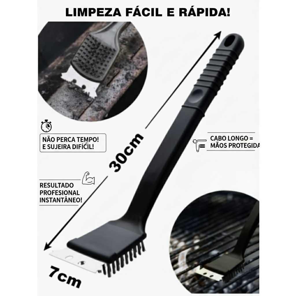 Escova Cerdas Aço Limpar Grelha Churrasqueira C/ Raspador Preto em Oferta na Shopee