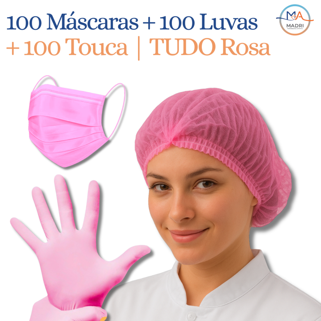 Kit Rosa 100 Toucas TNT+100 Luvas Nitrílicas P/M/G +100 Máscaras Rosa Tripla Camada com Clipe Nasal