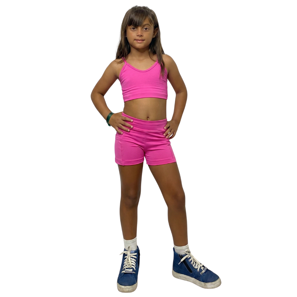 Conjunto Fitness Infantil Feminino Top E Short com Bolso Poliamida Ginastica Cross Academia