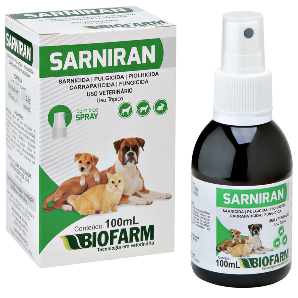 Sarniran Spray 100ml Animais Grande Porte Sarnicida Piolhicida Carrapaticida Fungicida BIOFARM