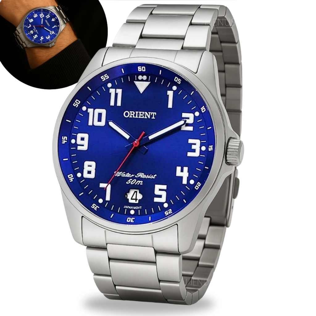 Relógio Orient Masculino De Pulso Prateado Fundo Azul Em Aço Inoxidável Calendário Prova D'agua 50 Metros Original
