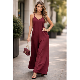 Macacão Feminino Pantalona Alça Fina com Bolso Decote V Elegante Promoção envio em 24 horas em Oferta na Shopee