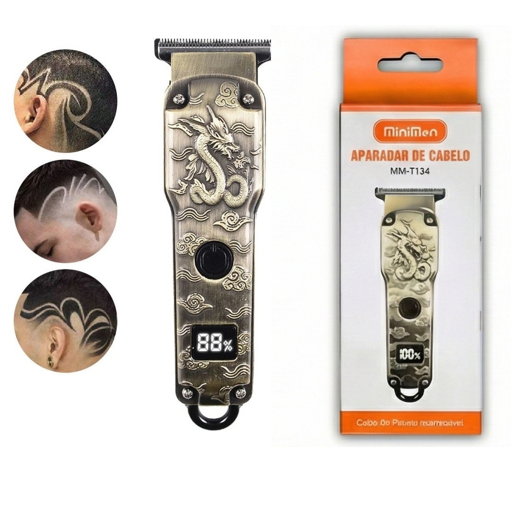 Máquina de Cortar Cabelo Barba Dragão Vintage Profissional Sem Fio Display LED Recarregável MM-T134