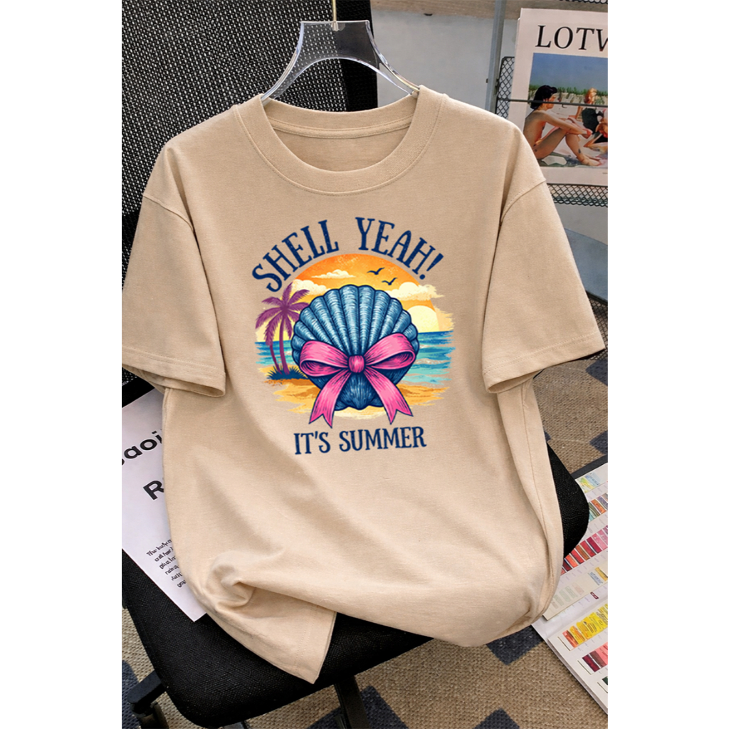Camiseta Feminina Verão Concha “Shell Yeah It’s Summer” Estampa Praia Tumblr Casual Algodão