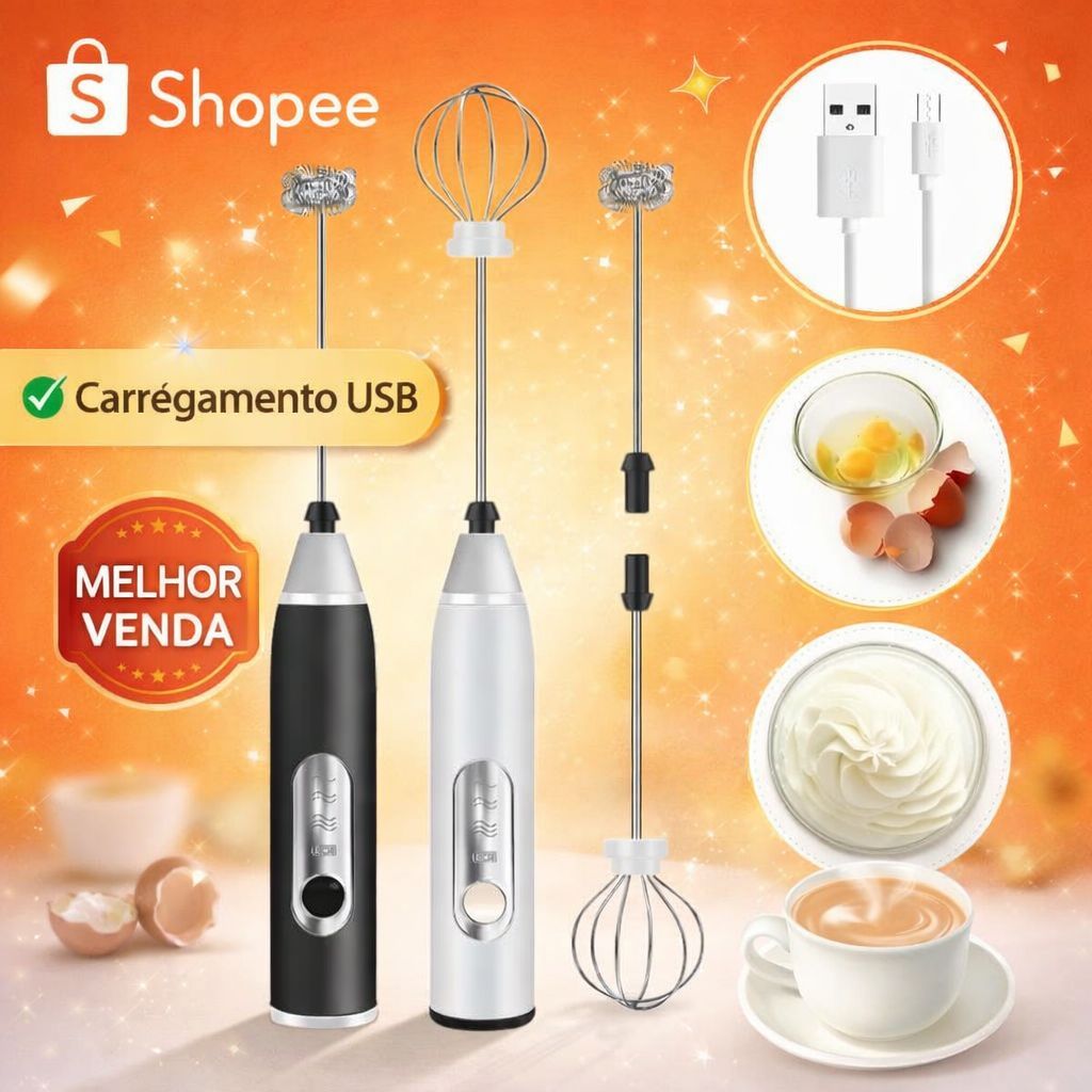 Kit 2 Mixer Batedor Misturador Elétrico Bebidas Leite Café  Suco Vitamina Fitness Clara de Ovo 2em 1