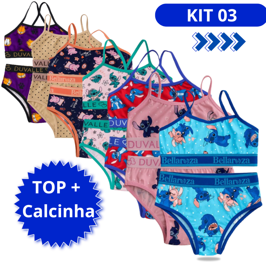 Kit 3 Conjuntinhos Top Sutiã e Calcinha Elástico Juvenil Menina Moça Estampados Para o Verão