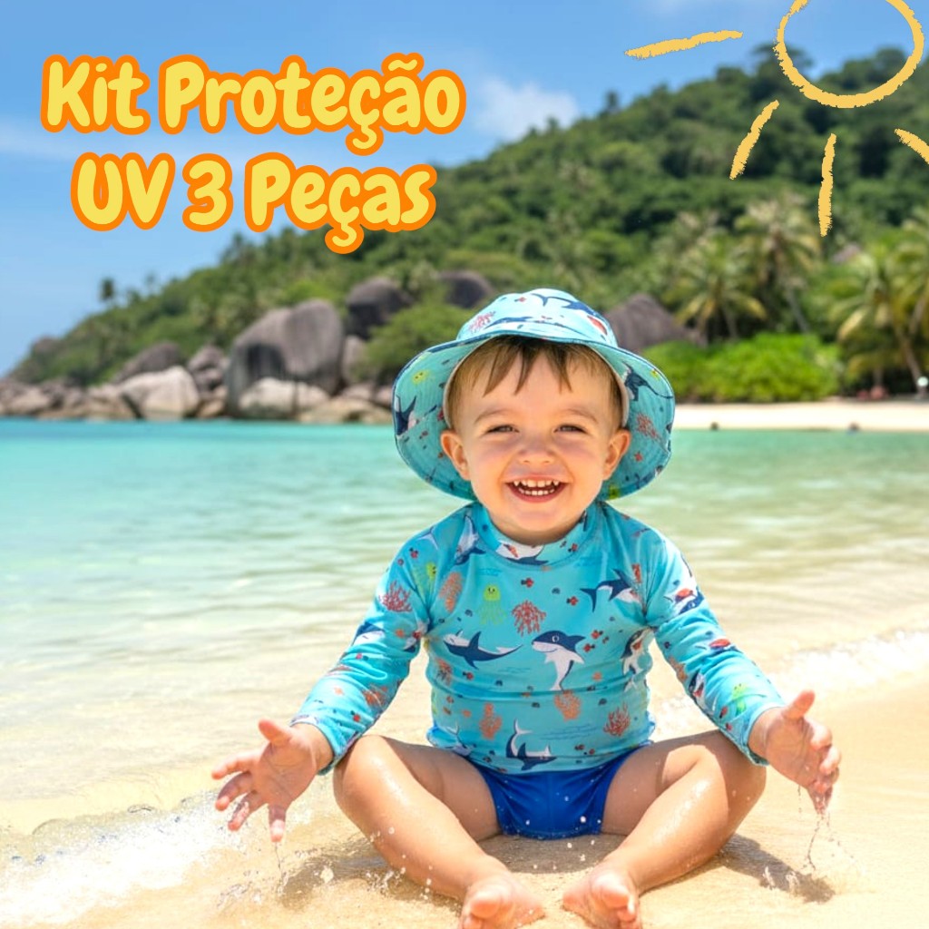 Kit 3 Peças Moda Praia. Blusa com Proteção Solar UV50 + Sunga + Chapéu Bebê e Infantil Meninos em Oferta na Shopee