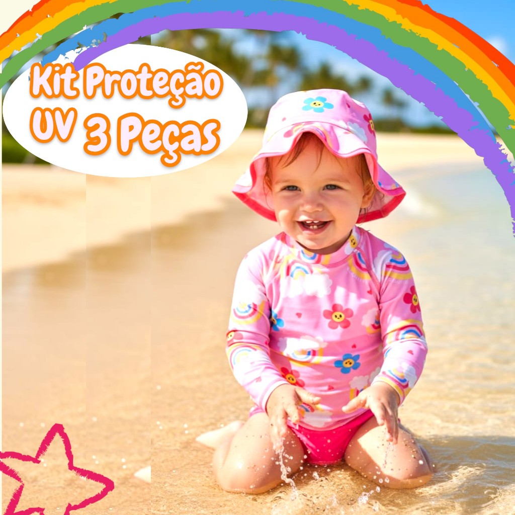 Kit 3 Peças Moda Praia. Blusa com Proteção Solar UV50 + Sunga + Chapéu Bebê e Infantil Meninas em Oferta na Shopee