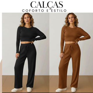 Calça femenina Pantalona Casual Elegante Com Bolsos Cintura Alta Cordão O Tecido é Groso em Oferta na Shopee