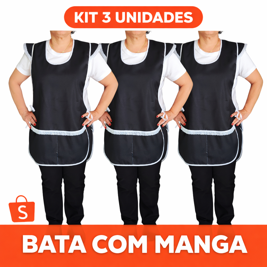 Kit 03 Bata Avental Jaleco Uniforme Manga Renda Babado em Oferta na Shopee