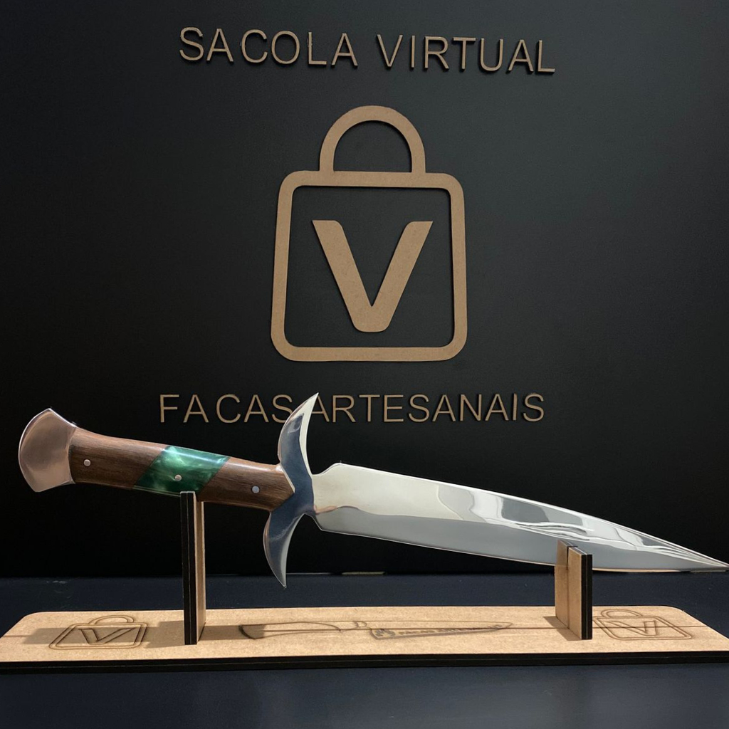 Adaga Artesanal Forjada em Aço inoxidável com Cabo em Madeira e Resina com Bainha de Couro sintético – Colecionável