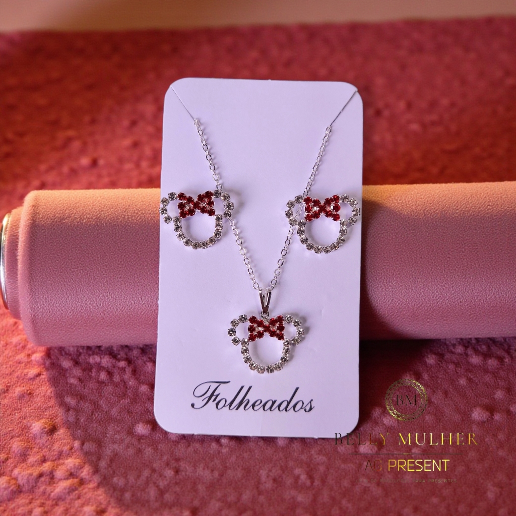 Conjunto Mickey e Minnie Colar e Brinco Choker Feminino Adulto e Infantil Folheado a Ouro 18K