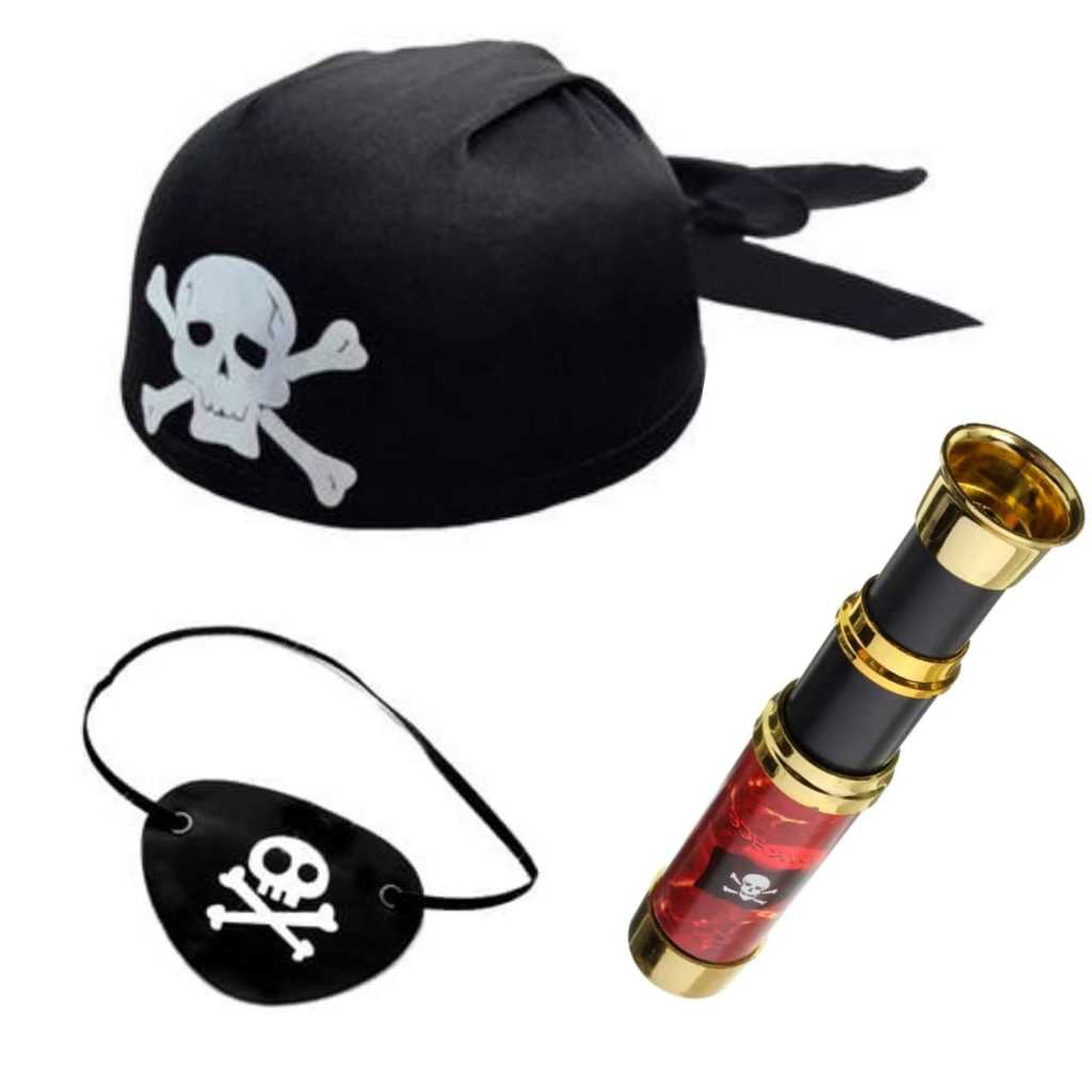 Kit Fantasia de Pirata Premium, Chapéu Coquinho de Pirata + Luneta Temática + Tapa Olho - 3 Itens