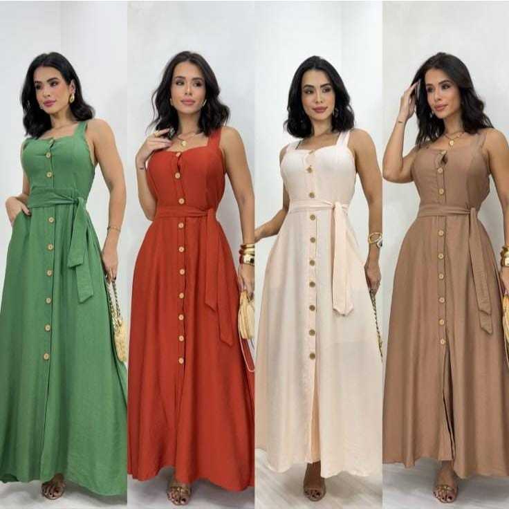Vestido mídi Longo Feminino Elegante com Cinto e Botões Frontais | Decote Quadrado | Moda Casual  com  bolso em Oferta na Shopee