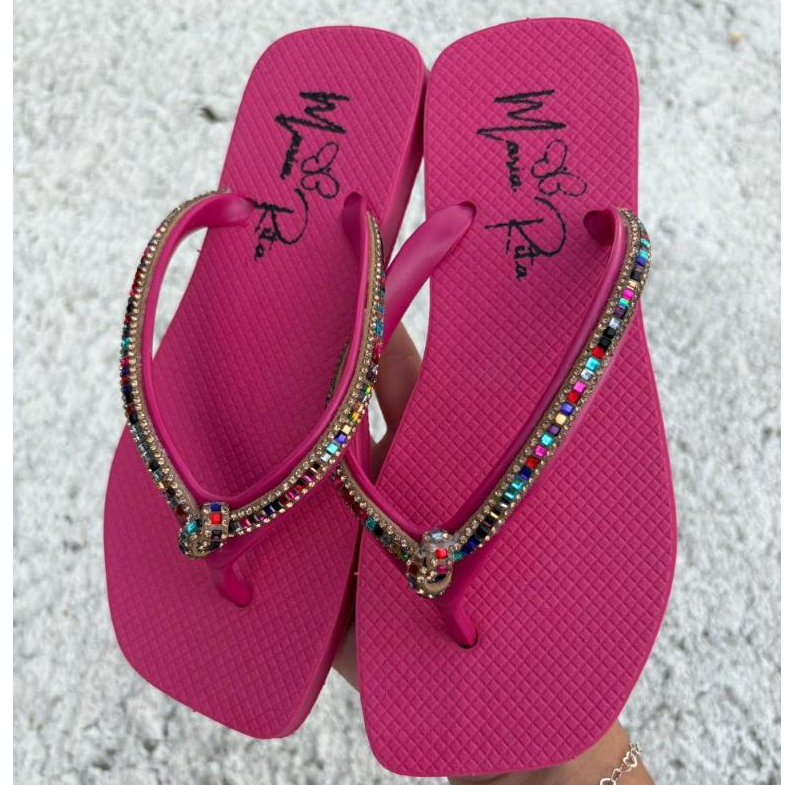 Chinelo De Dedo Básico Com Strass  Bico Quadrado Colorido  F MR