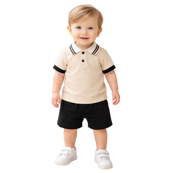Conjunto Camisa Polo Infantil Social Bege Menino Elegante Festa Aniversário Batizado Casual Moderno Tendência Infantil