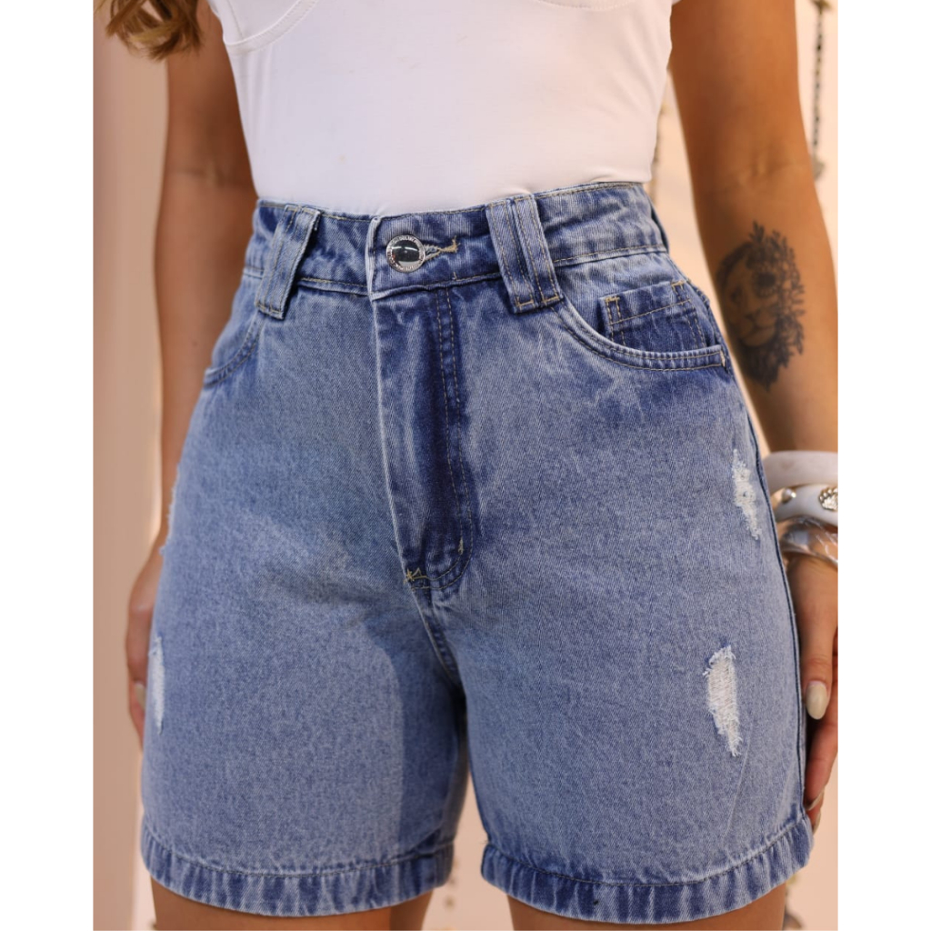 Short Jeans Feminino Mom Com Rasgadinho Cintura Alta Premium Empina Bumbum Versátil Destroied em Oferta na Shopee