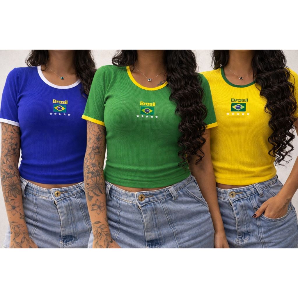 Blusa do Brasil Feminina Cropped Azul Verde Amarela Tendência Copa