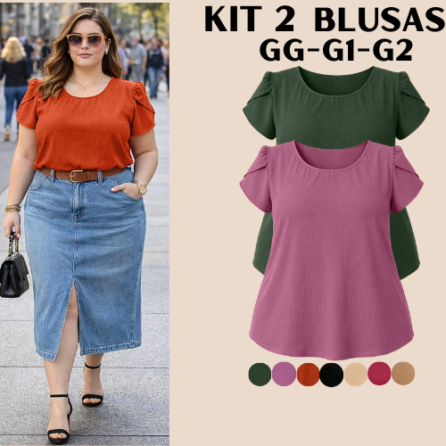 KIT 2 BLUSA PLUS SIZE FEMININA SOCIAL ESTILOSA ELEGANTE MODERNA BLUSAS FEMININAS SOLTINHA GRANDE CONFORTAVEL BLUSINHA