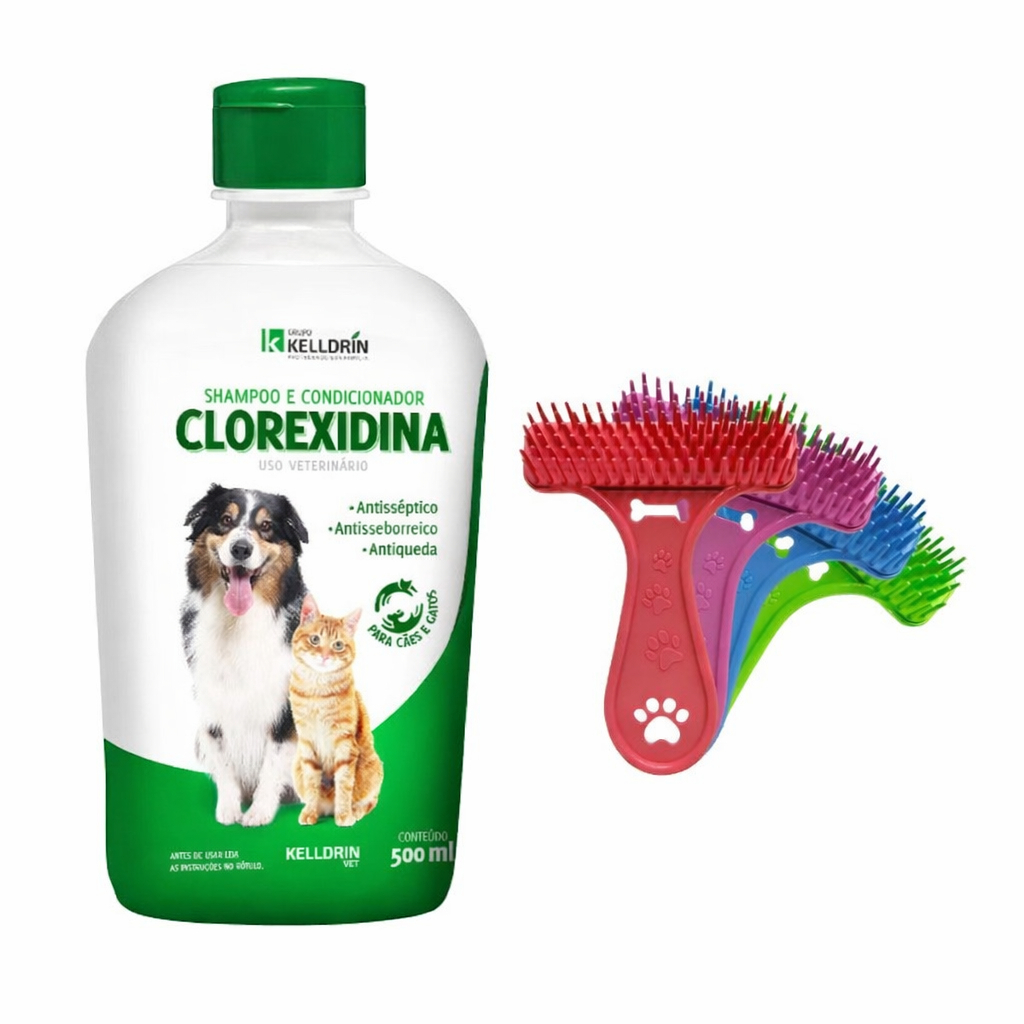 Shampoo e Condicionador Kelldrin Clorexidina 5x1 – 500ml Cães e Gatos + Escova Rastelo Brinde